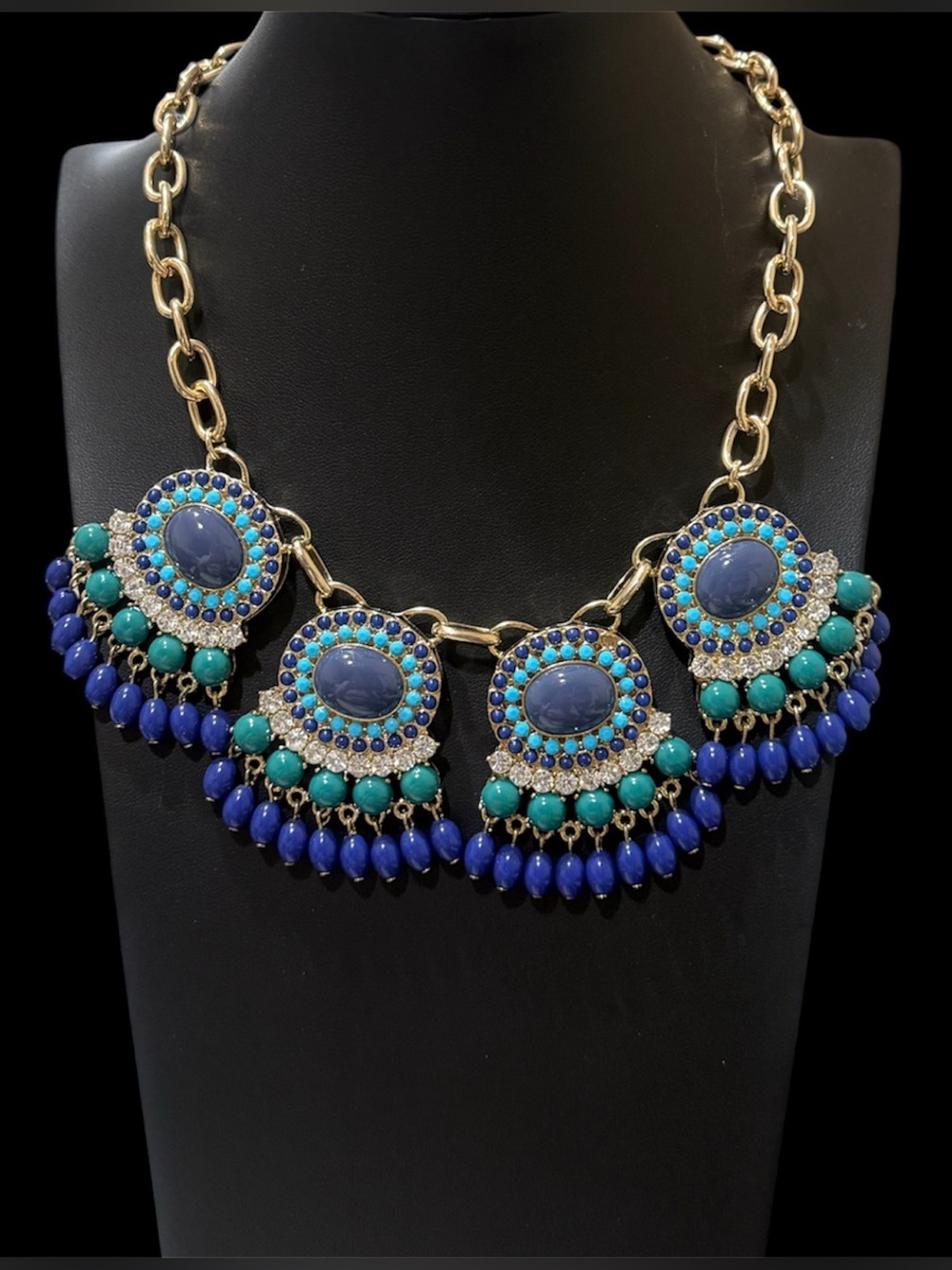 Blue Teal Gold-Tone Boho Statement Bib Necklace